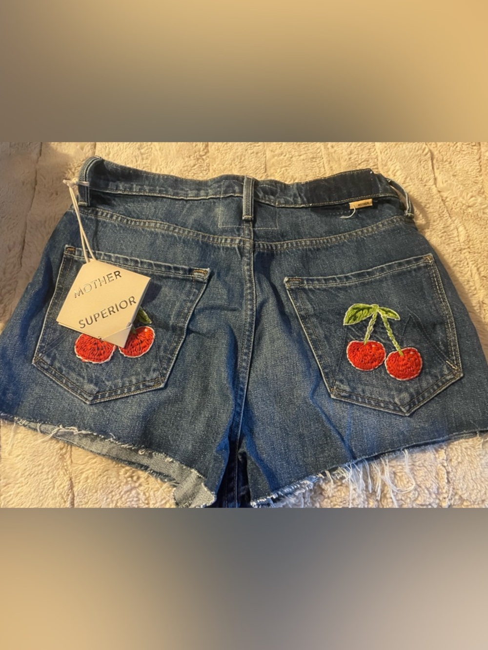 MOTHER Denim Jean Shorts with Red Cherry Embroidery